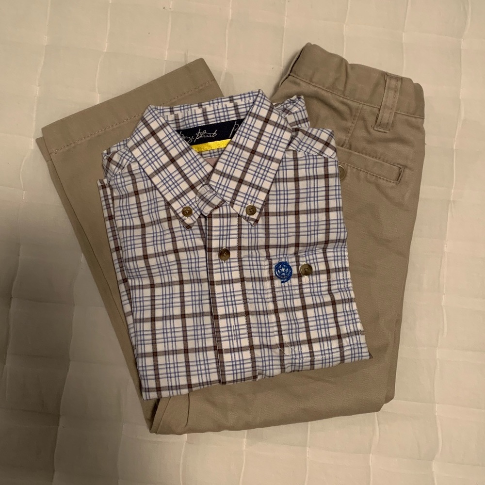 Two pieces! Plaid button down shirt & khaki pants